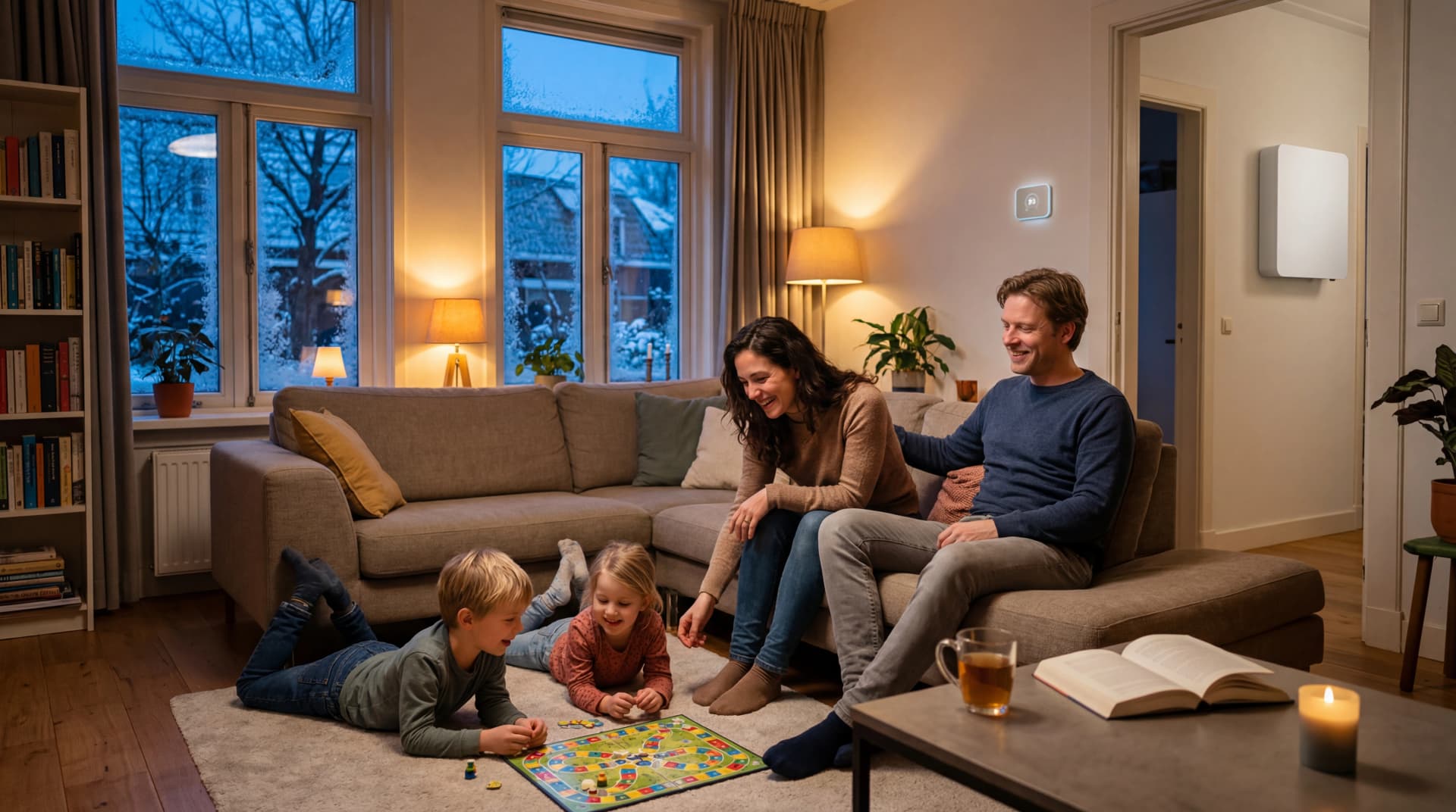 Gezin ontspant in warme woonkamer op winteravond met thuisbatterij zichtbaar in de gang