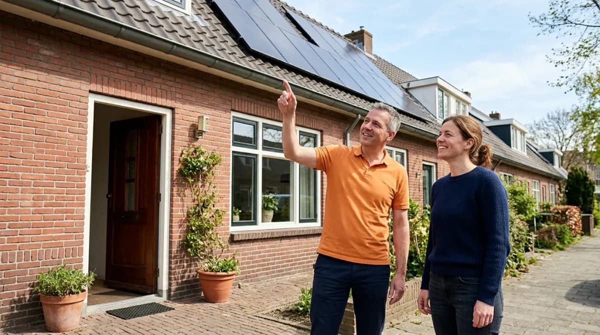 Energieadviseur in oranje polo bespreekt zonnepanelen met huiseigenaar bij voordeur