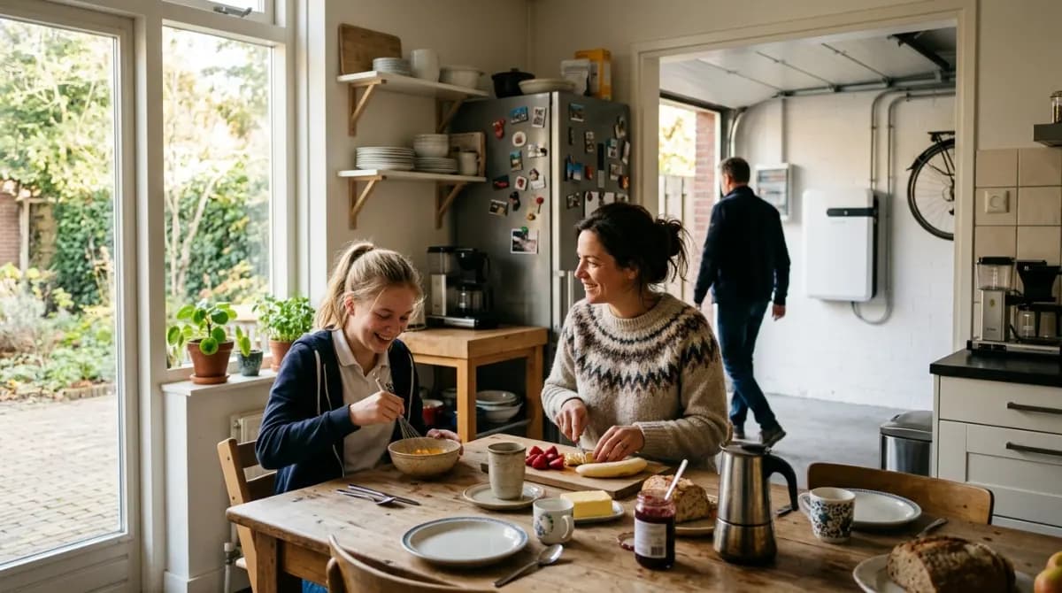 Gezin in de keuken met thuisbatterij zichtbaar in de garage op de achtergrond