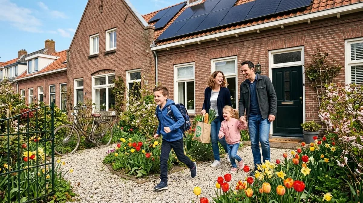 Gezin loopt lachend het tuinpad op met zonnepanelen zichtbaar op het dak