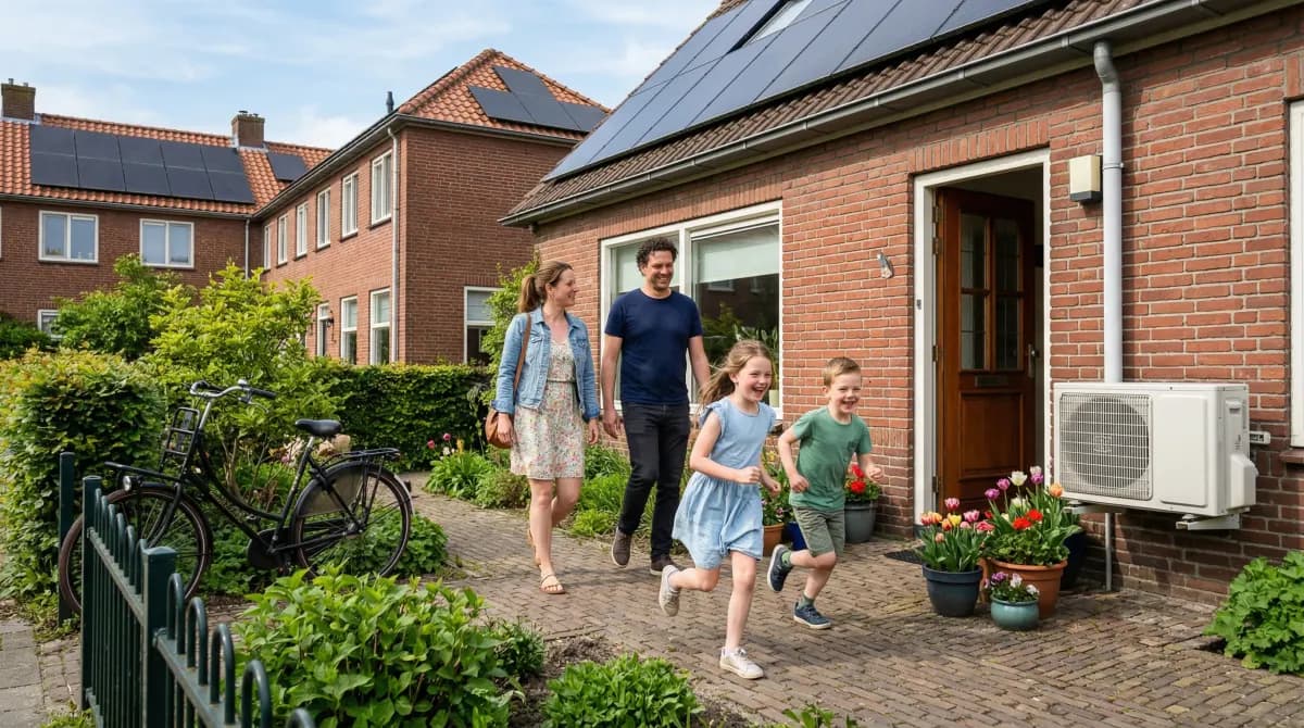 Gezin arriveert thuis bij rijtjeswoning met zonnepanelen op het dak en warmtepomp aan de zijgevel