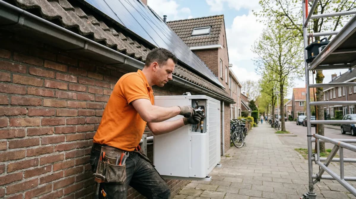 Installateur in oranje werkkleding bij warmtepomp buitenunit naast zijgevel van rijtjeswoning