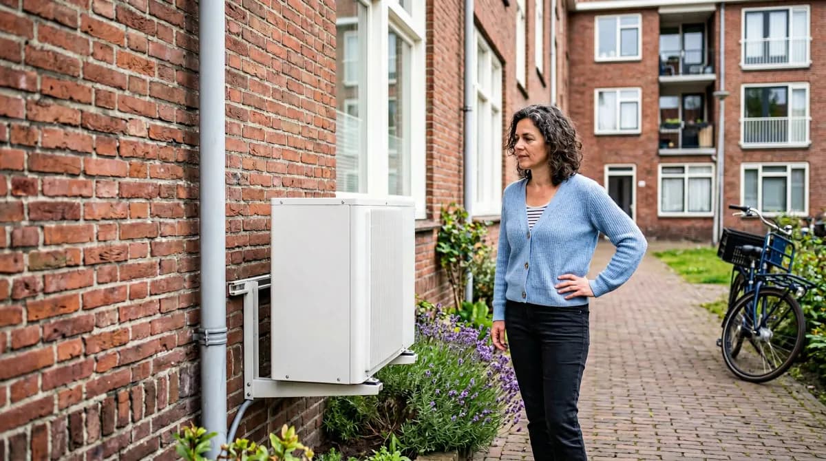 Appartementbewoner bekijkt warmtepomp buitenunit aan zijgevel van appartementencomplex