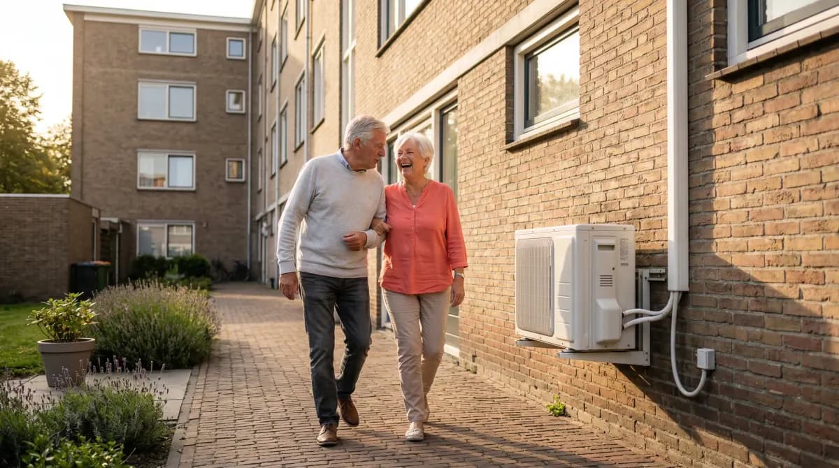 Oudere bewoners lopen langs zijpad van appartementencomplex met warmtepomp buitenunit aan de muur