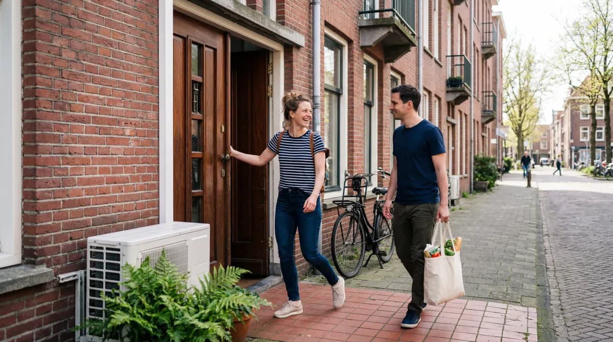 Stel arriveert bij ingang van appartementencomplex met warmtepomp buitenunit aan de muur