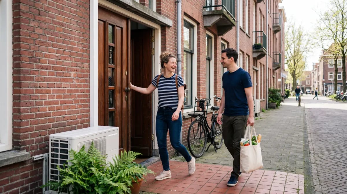 Stel arriveert bij ingang van appartementencomplex met warmtepomp buitenunit aan de muur