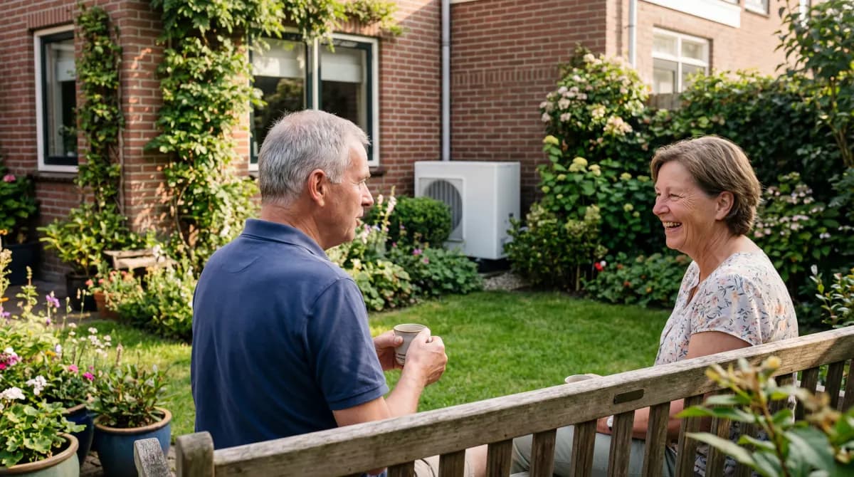 Oudere echtpaar geniet van thee in hun tuin met warmtepomp buitenunit zichtbaar aan de zijgevel