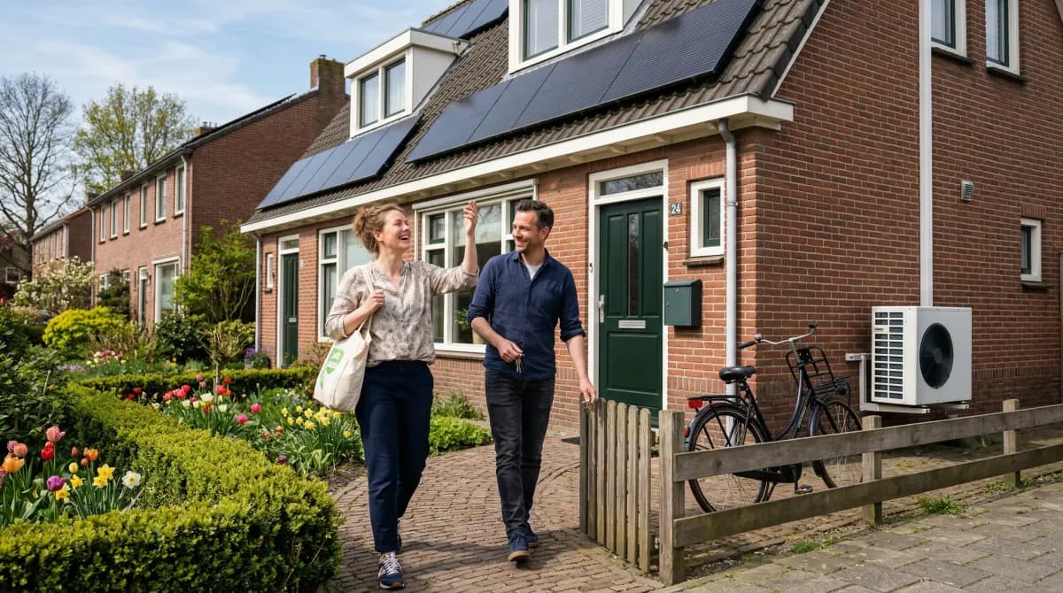 Jong echtpaar arriveert bij hun woning met zonnepanelen op het dak en warmtepomp zichtbaar aan de