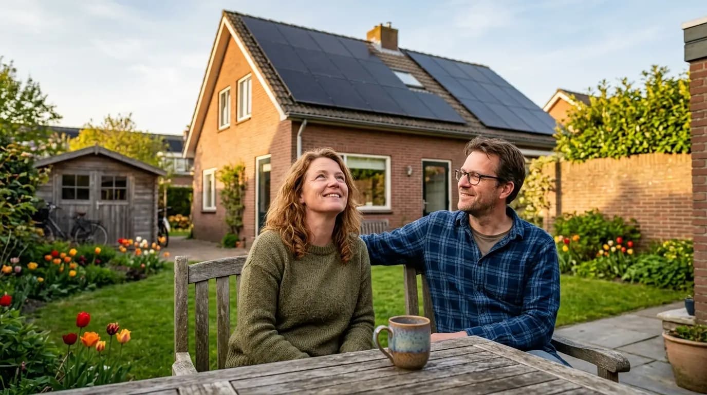 Stel geniet van hun tuin terwijl zonnepanelen op het dak in de achtergrond de zon opvangen