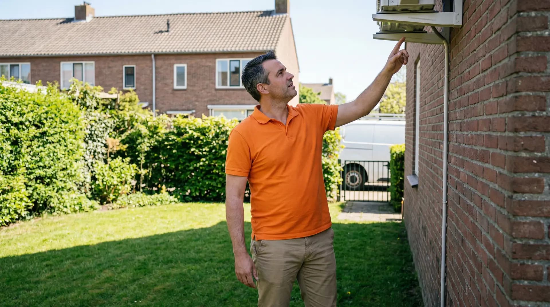 Anteas adviseur en huiseigenaar bespreken de airco installatielocatie in de tuin