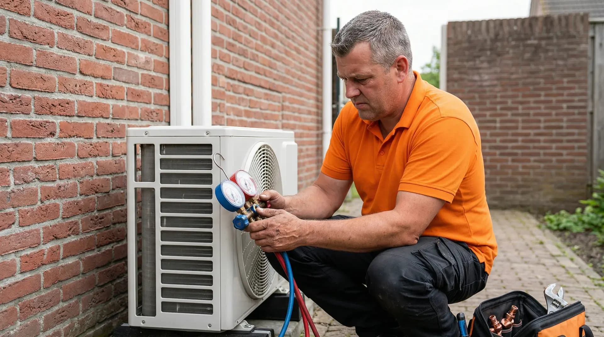 Monteur voert vacuümtest en koudemiddelaansluiting uit op airco installatie