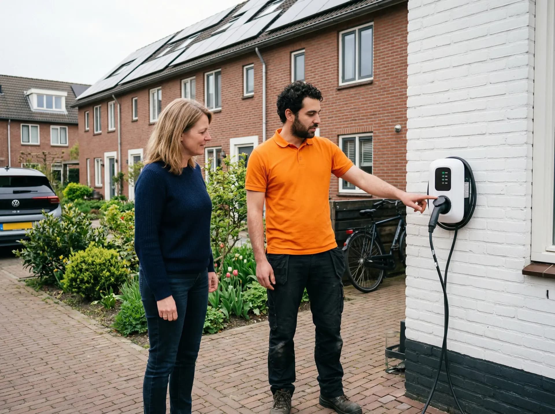 Installateur configureert Easee laadpaal bij meterkast in Nederlandse garage