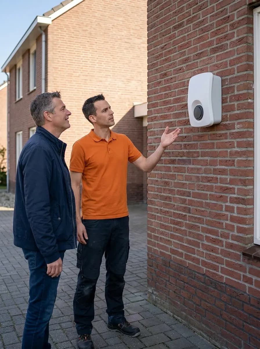 Installateur configureert Wallbox laadpaal bij meterkast
