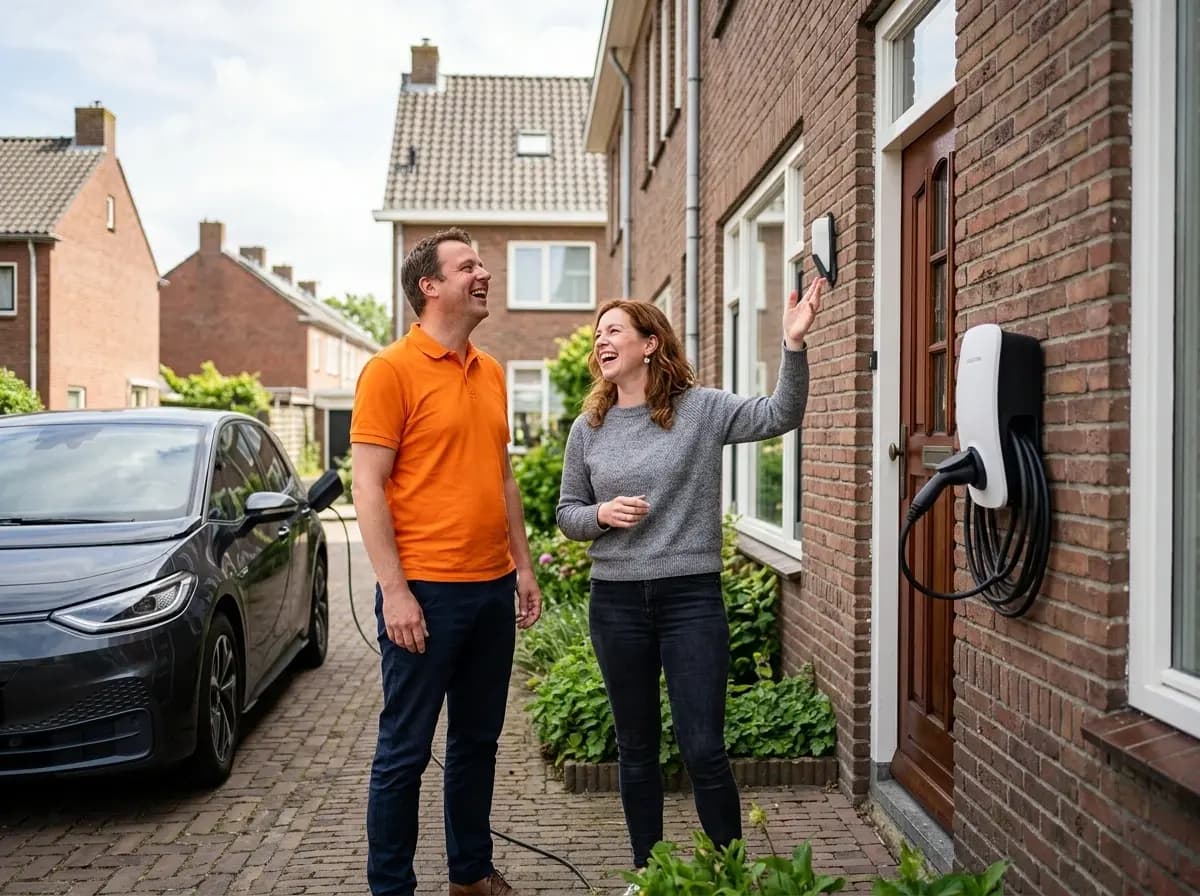 Wallbox Pulsar Pro laadpaal gemonteerd op muur bij parkeerplaats