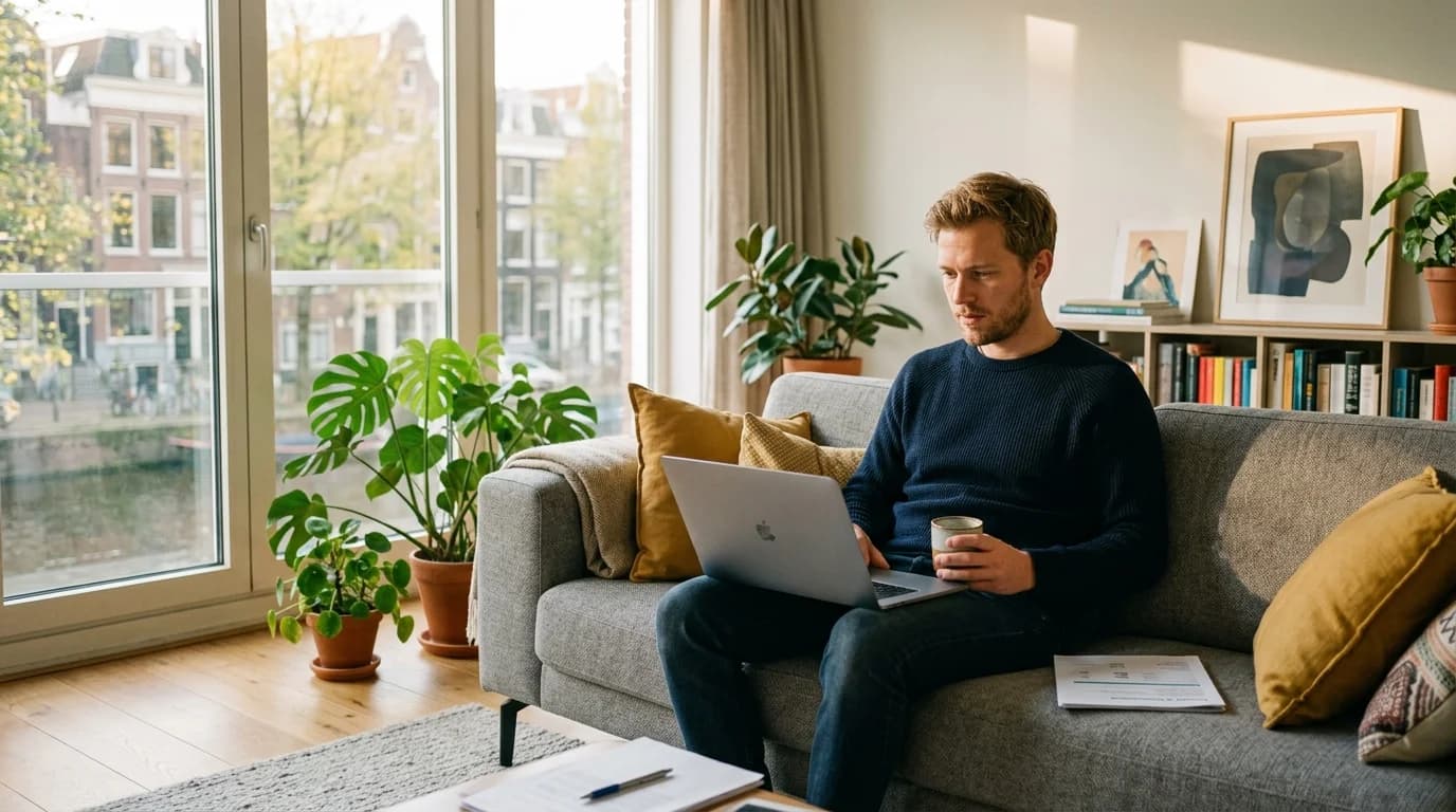 Huiseigenaar doet onderzoek naar thuisbatterijen op laptop in woonkamer