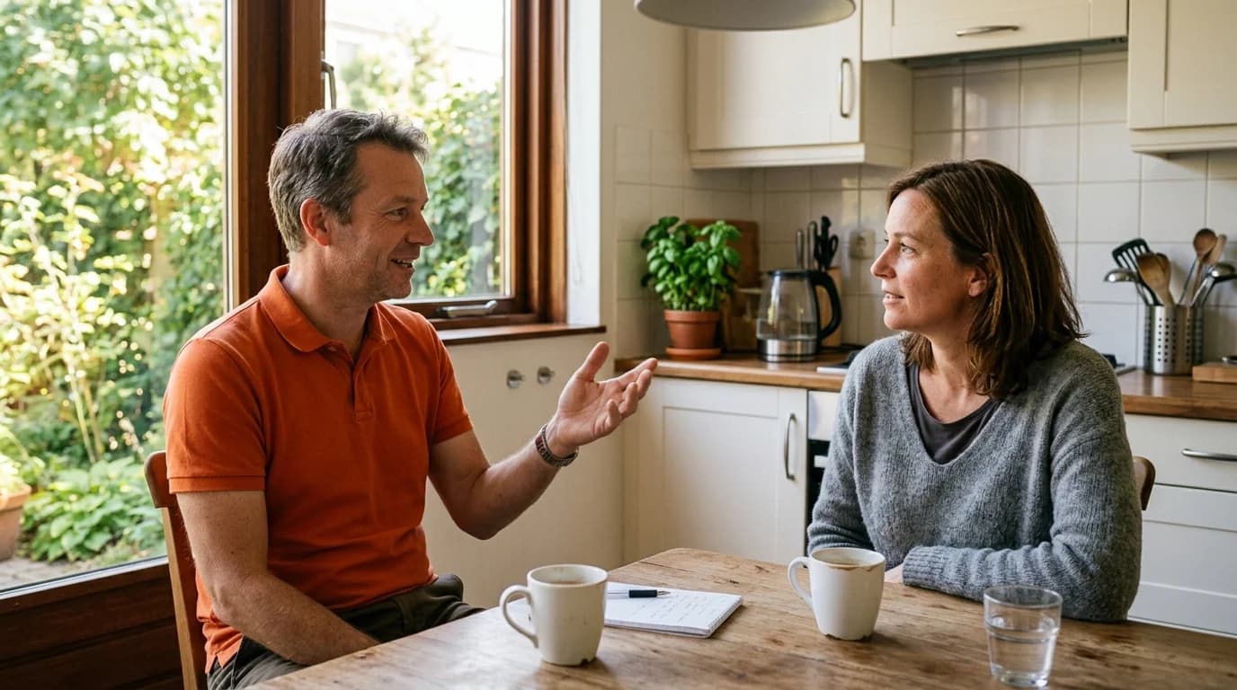 Energieadviseur bespreekt thuisbatterij-advies met huiseigenaar aan keukentafel