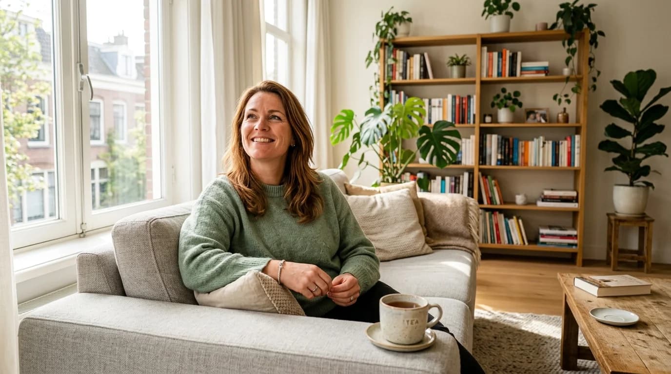 Huiseigenaar bekijkt Enphase energieopbrengst op smartphone in woonkamer