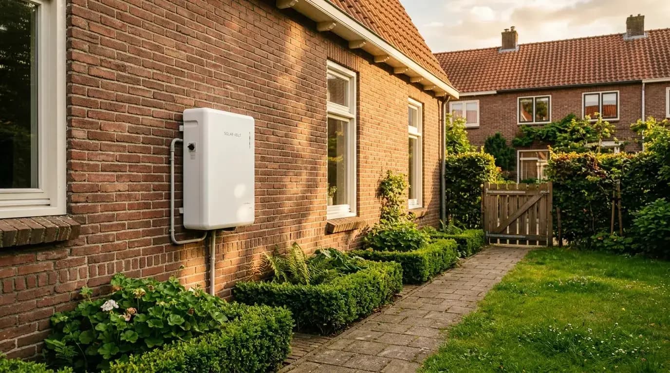 Enphase thuisbatterij buitenmontage aan zijgevel naast tuinpad