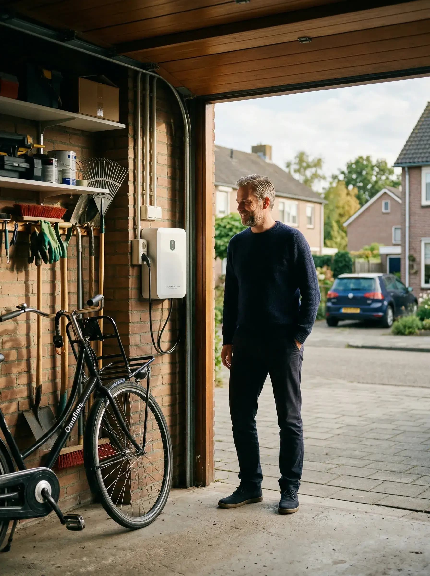 Trotse huiseigenaar bekijkt HomeWizard thuisbatterij in garage met zicht op straat