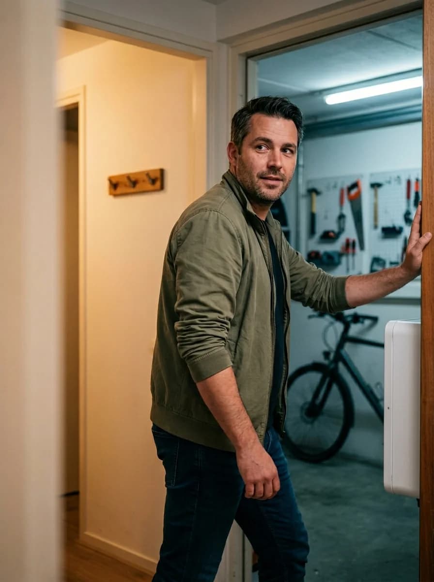 Huiseigenaar staat ontspannen in deuropening naast garage met thuisbatterij