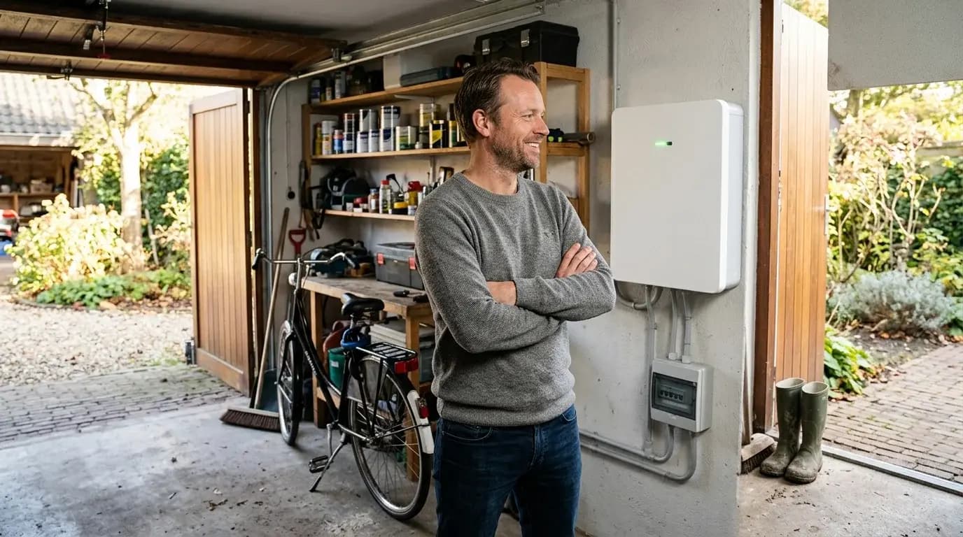 Trotse huiseigenaar bij nieuwe thuisbatterij in garage