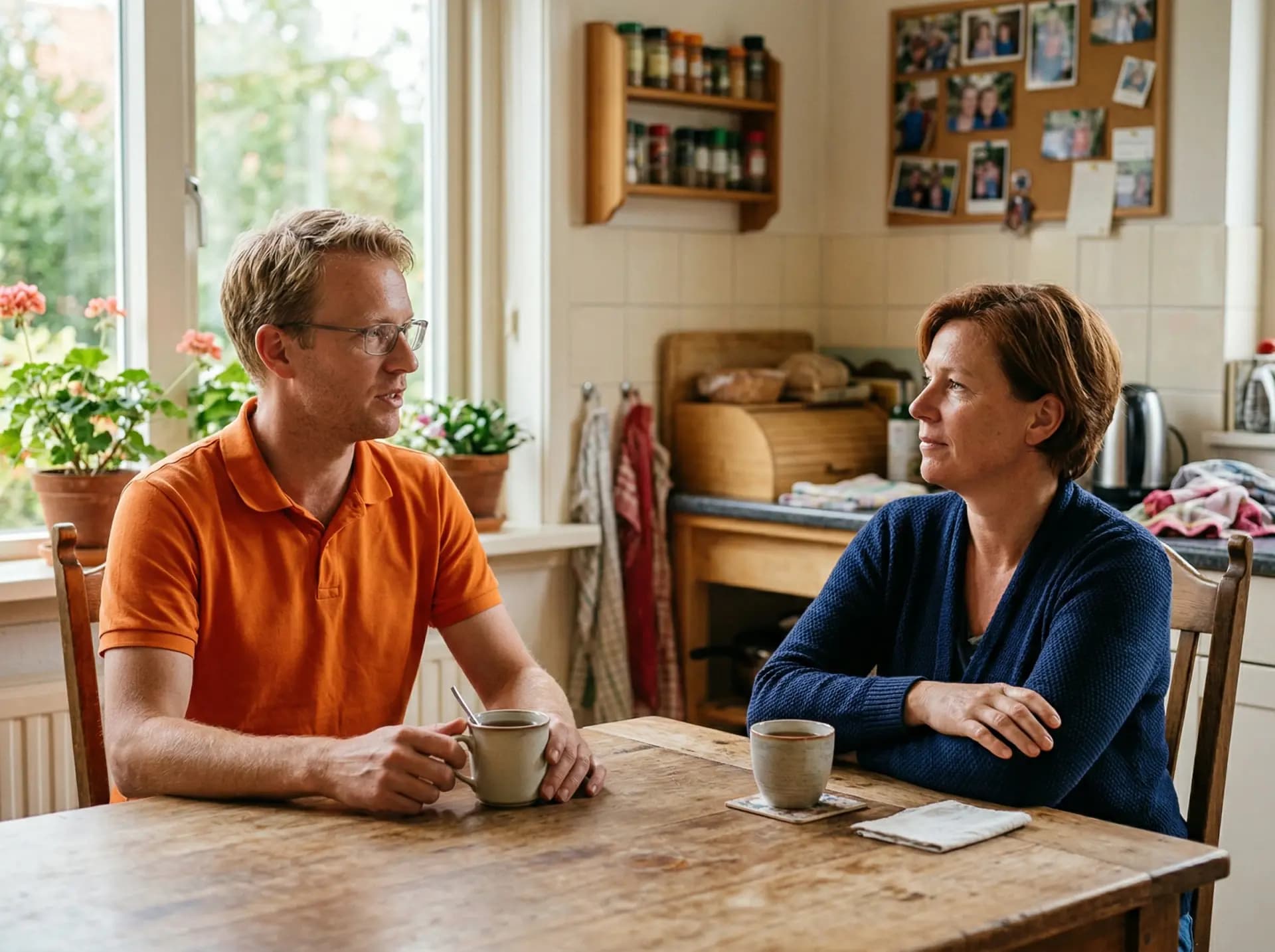 Energieadviseur bespreekt omvormer-opties met huiseigenaar aan keukentafel