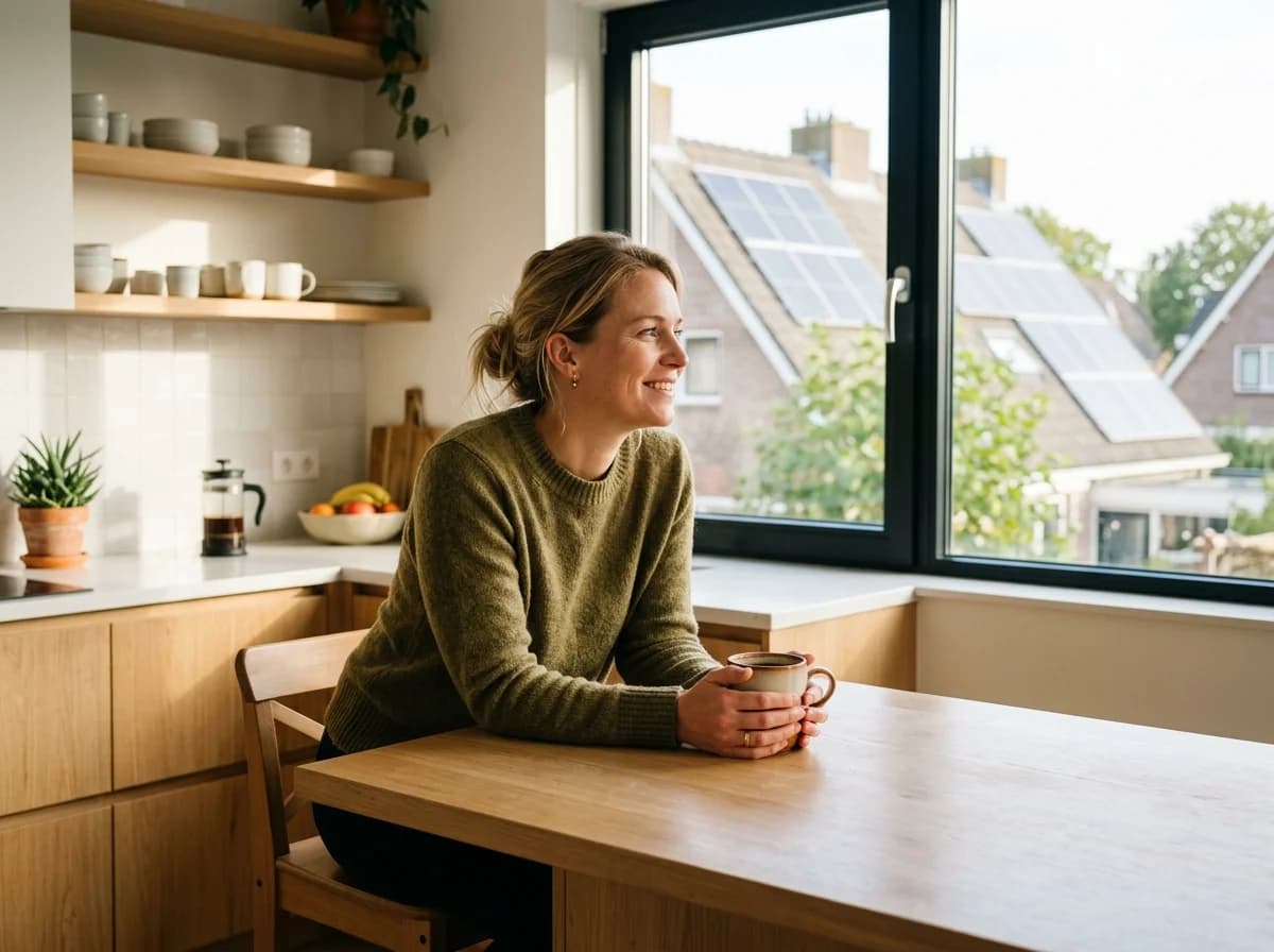 Huiseigenaar bespreekt thuisbatterij-besparing in moderne keuken