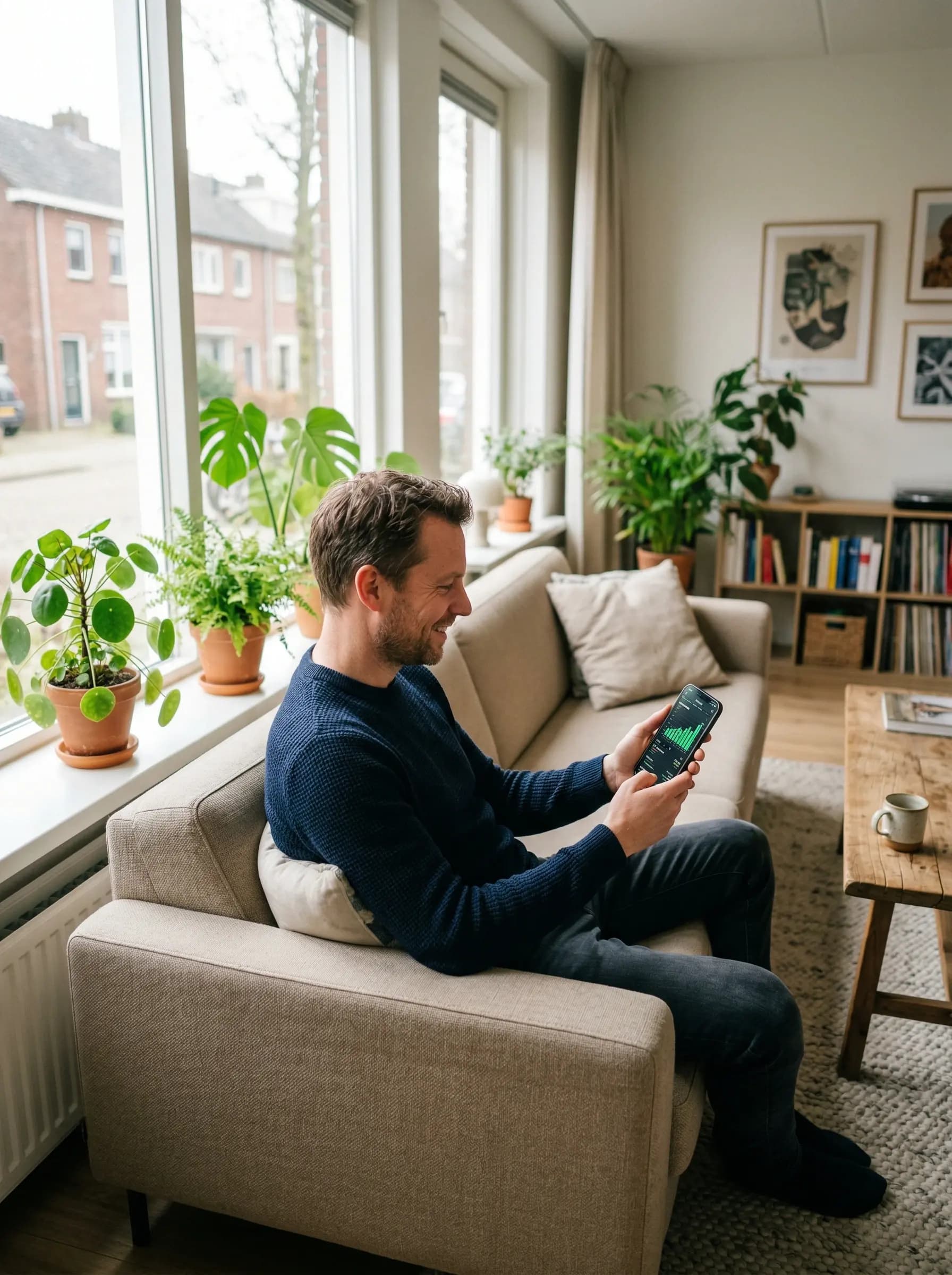 Huiseigenaar bekijkt AEG thuisbatterij energiebesparing op smartphone in woonkamer