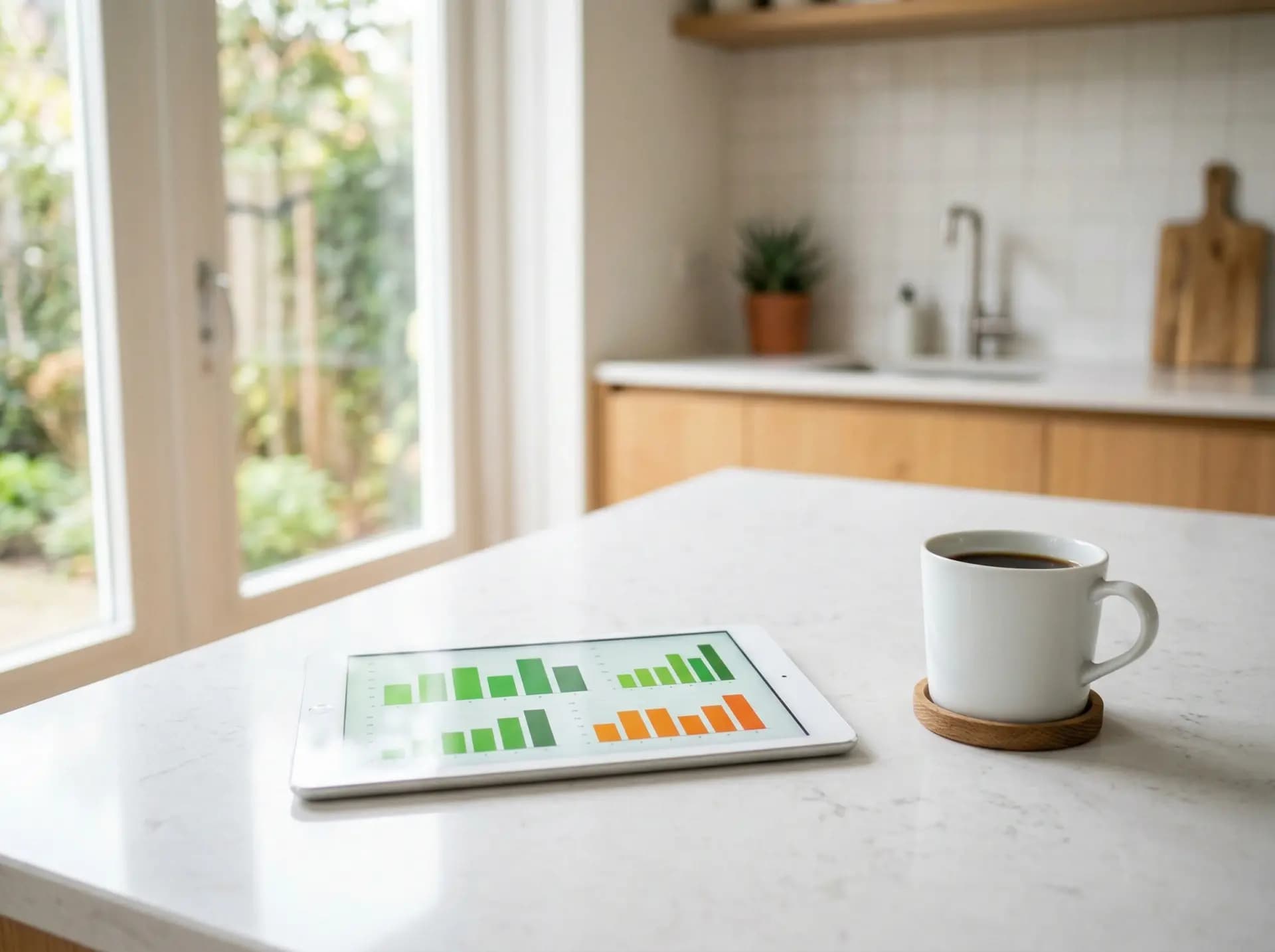 Huiseigenaar vergelijkt AEG thuisbatterij prijzen aan keukentafel met tablet