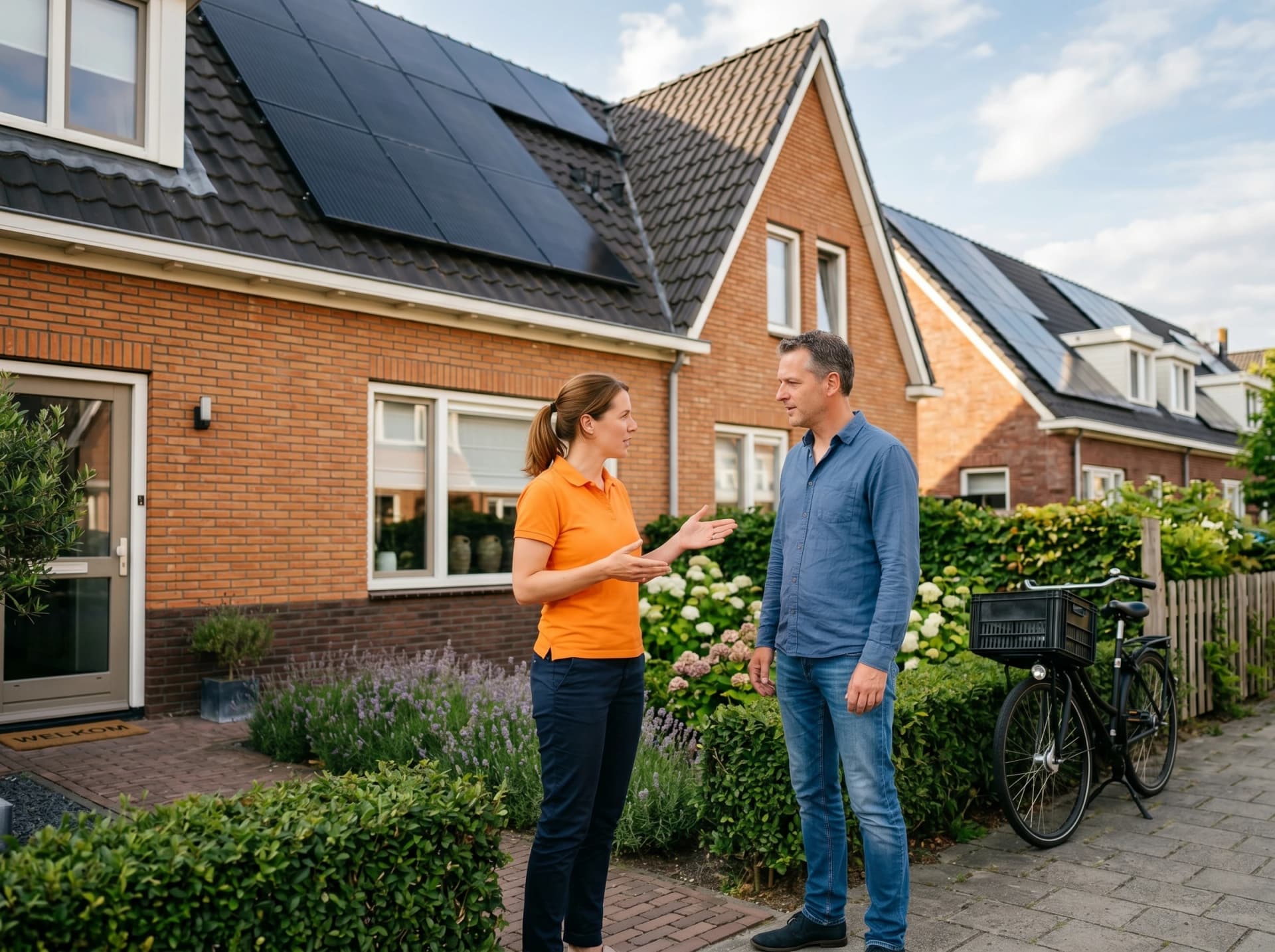 Anteas energieadviseur bespreekt Alpha ESS thuisbatterij met huiseigenaar in voortuin van rijtjeswoning