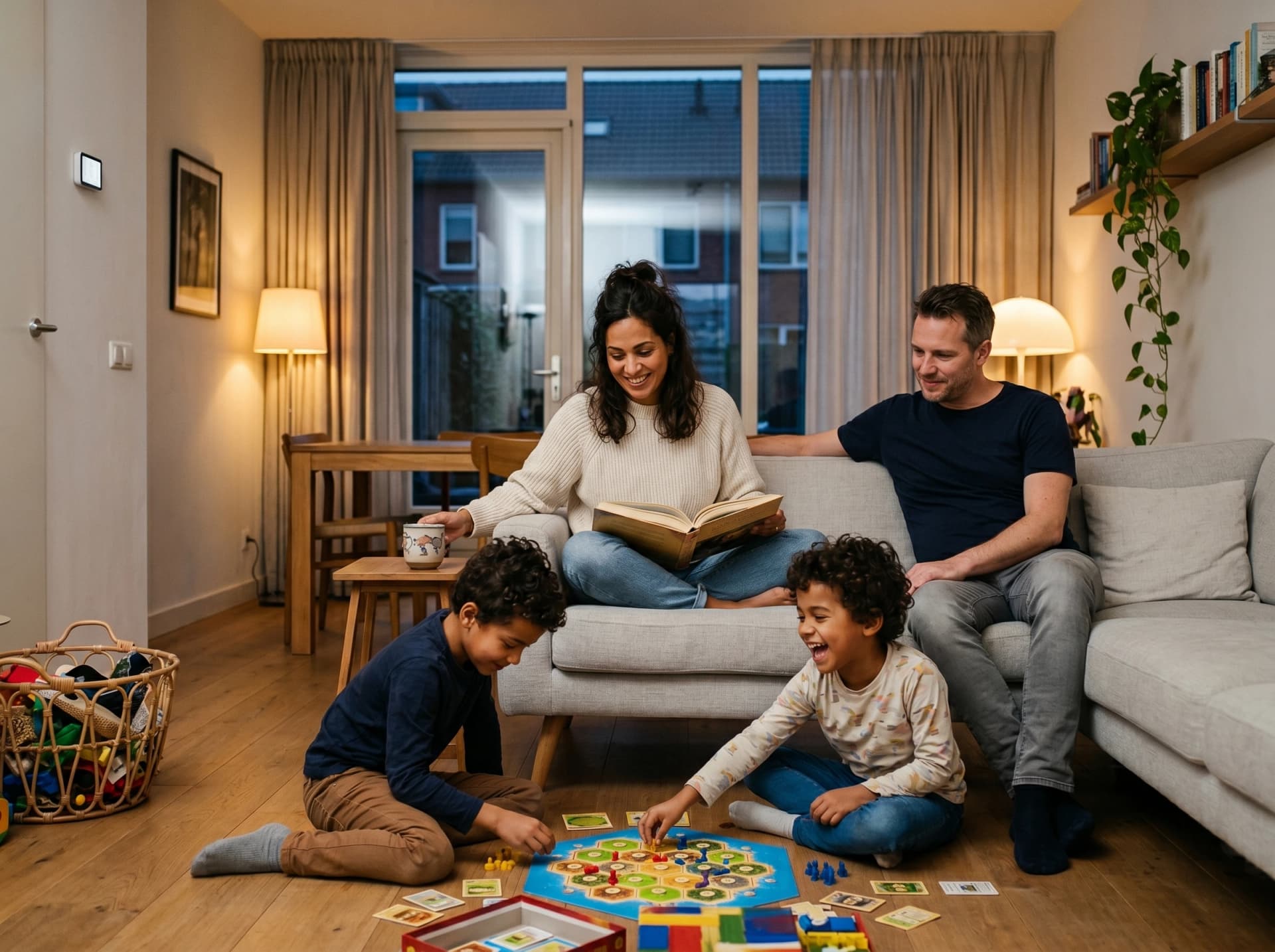 Nederlands gezin relaxt in woonkamer tijdens avondmoment met Alpha ESS thuisbatterij voor energieonafhankelijkheid