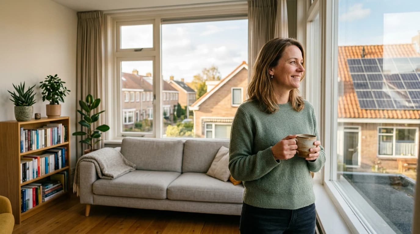 Huiseigenaar bekijkt energieverbruik Dyness thuisbatterij op smartphone in woonkamer