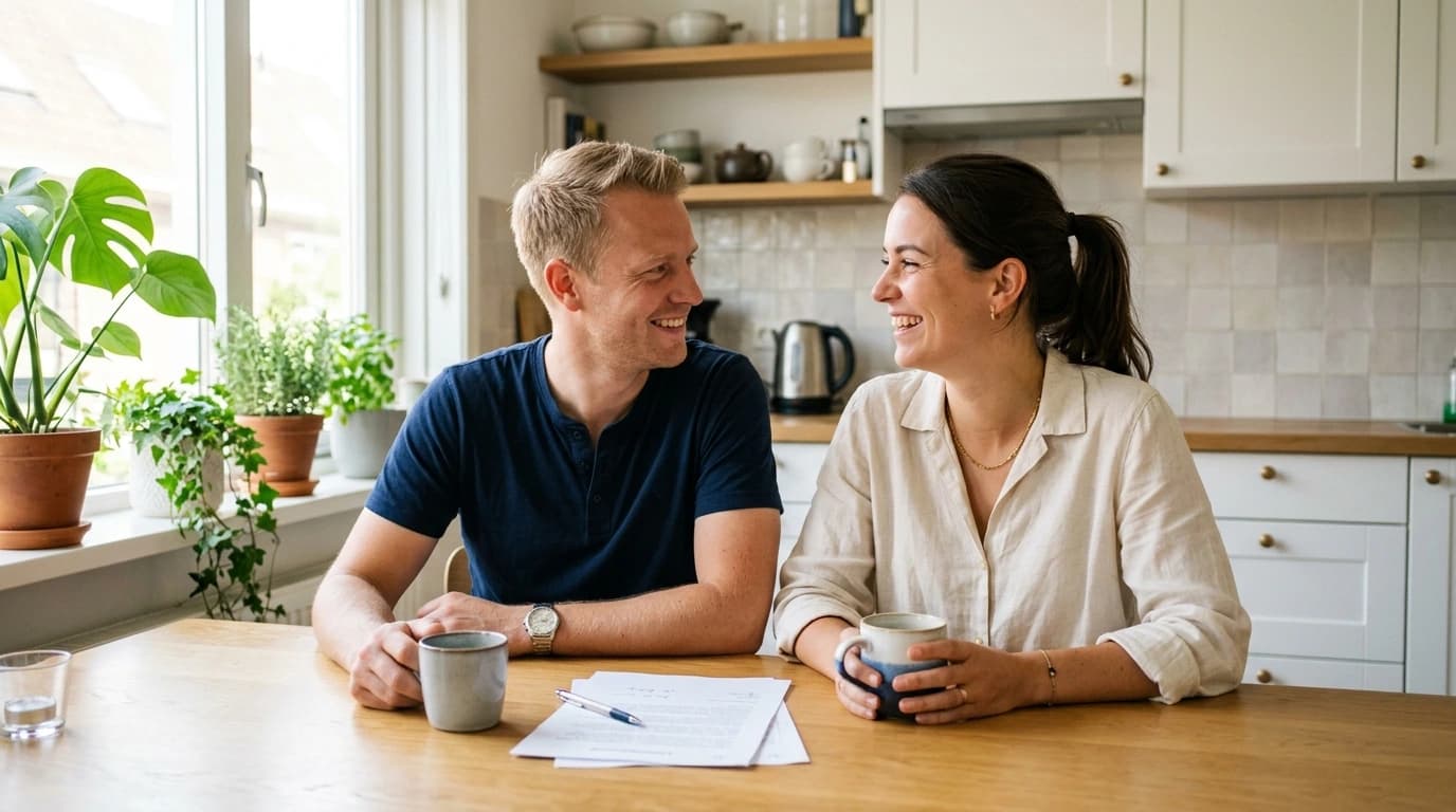 Huiseigenaar bekijkt Dyness thuisbatterij prijsberekening aan keukentafel