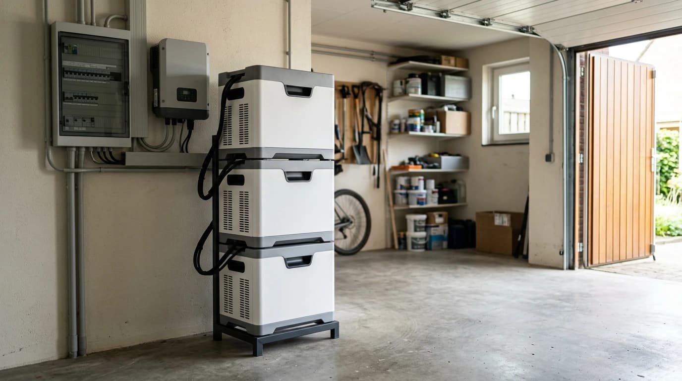 Dyness Tower Pro thuisbatterij gestapeld in garage van Nederlandse woning
