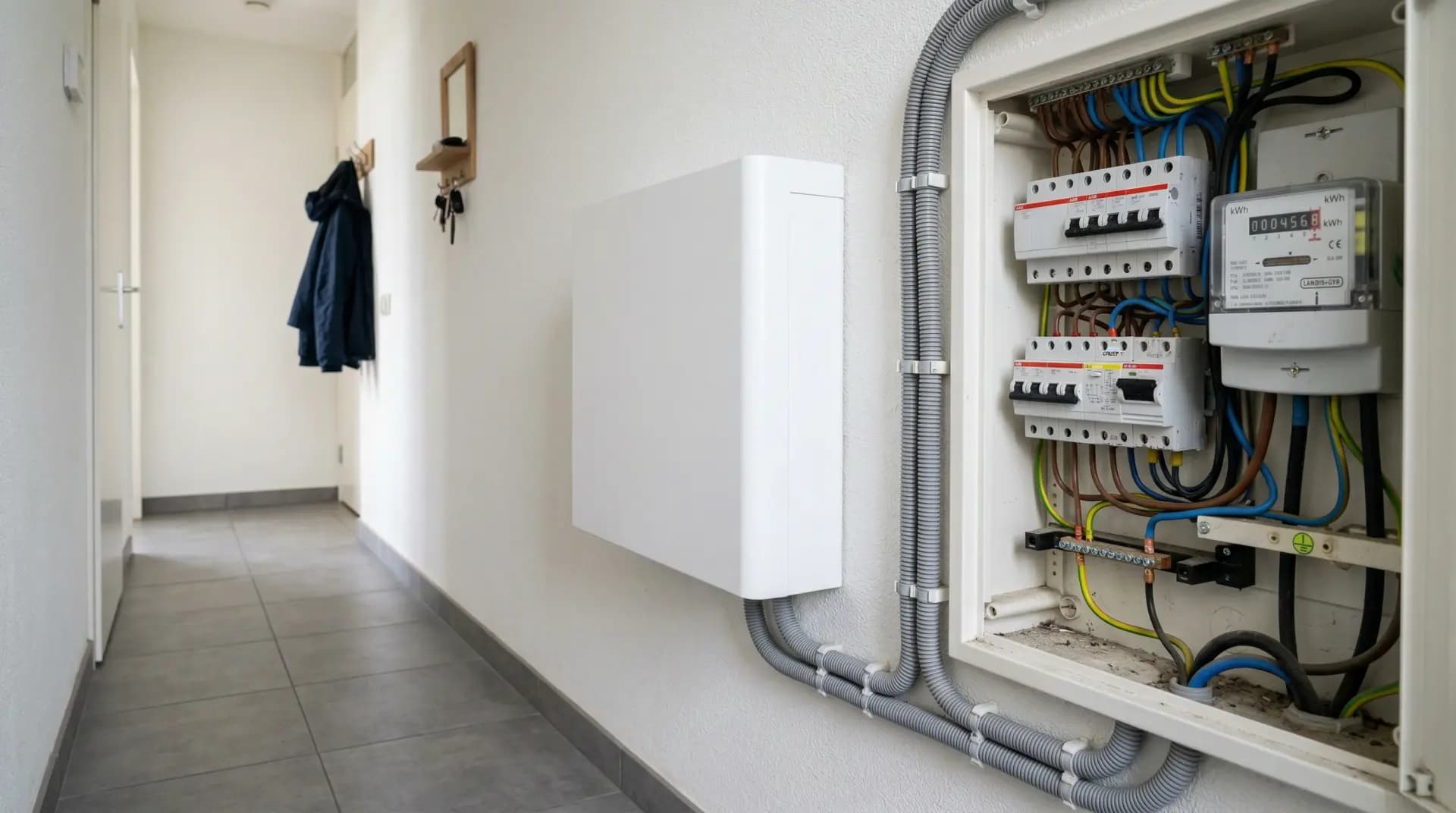 Growatt ARK XH thuisbatterij gestapeld naast meterkast in Nederlandse woning
