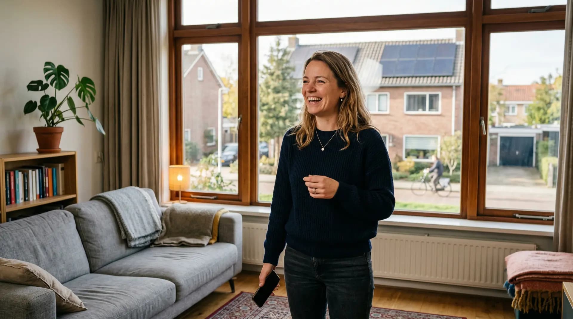 Huiseigenaar bekijkt energieopbrengst op smartphone in woonkamer met zonnepanelen zichtbaar