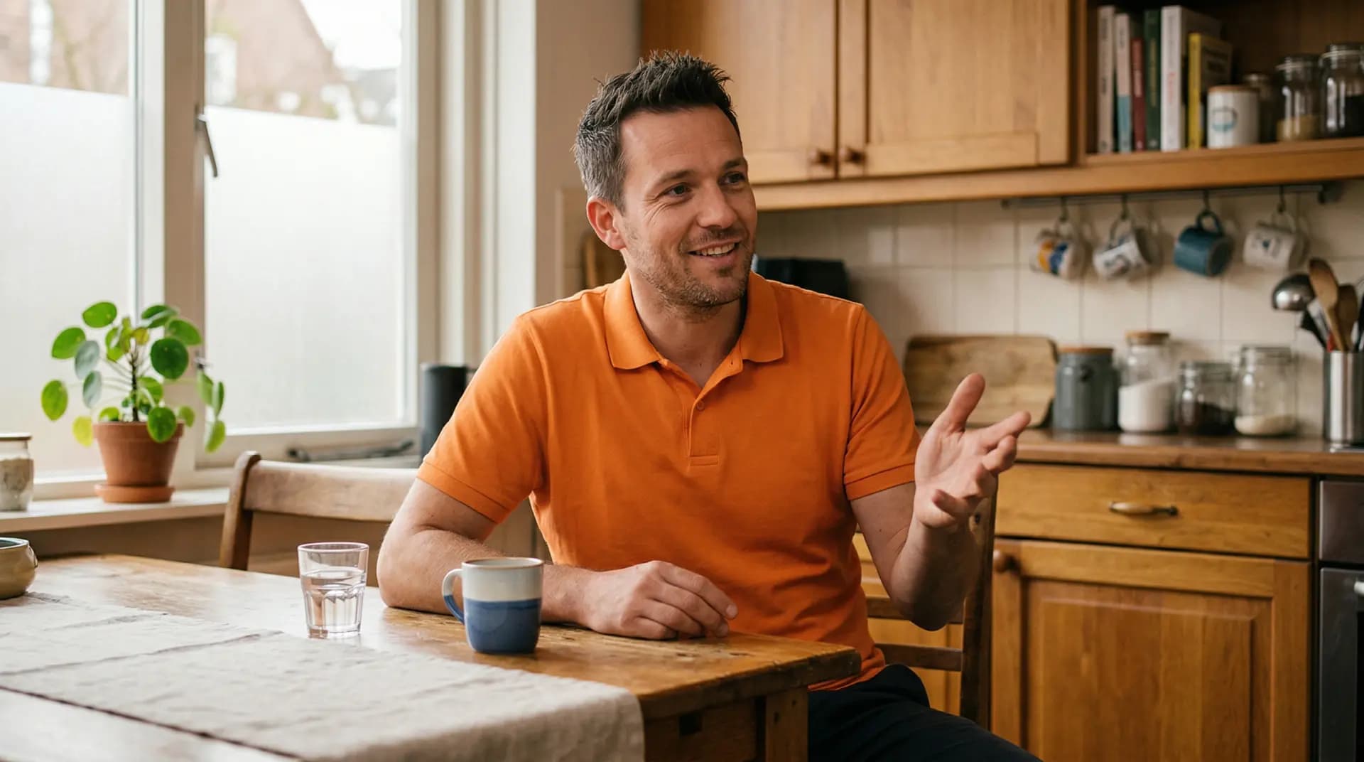 Energieadviseur toont prijsberekening aan huiseigenaar aan keukentafel