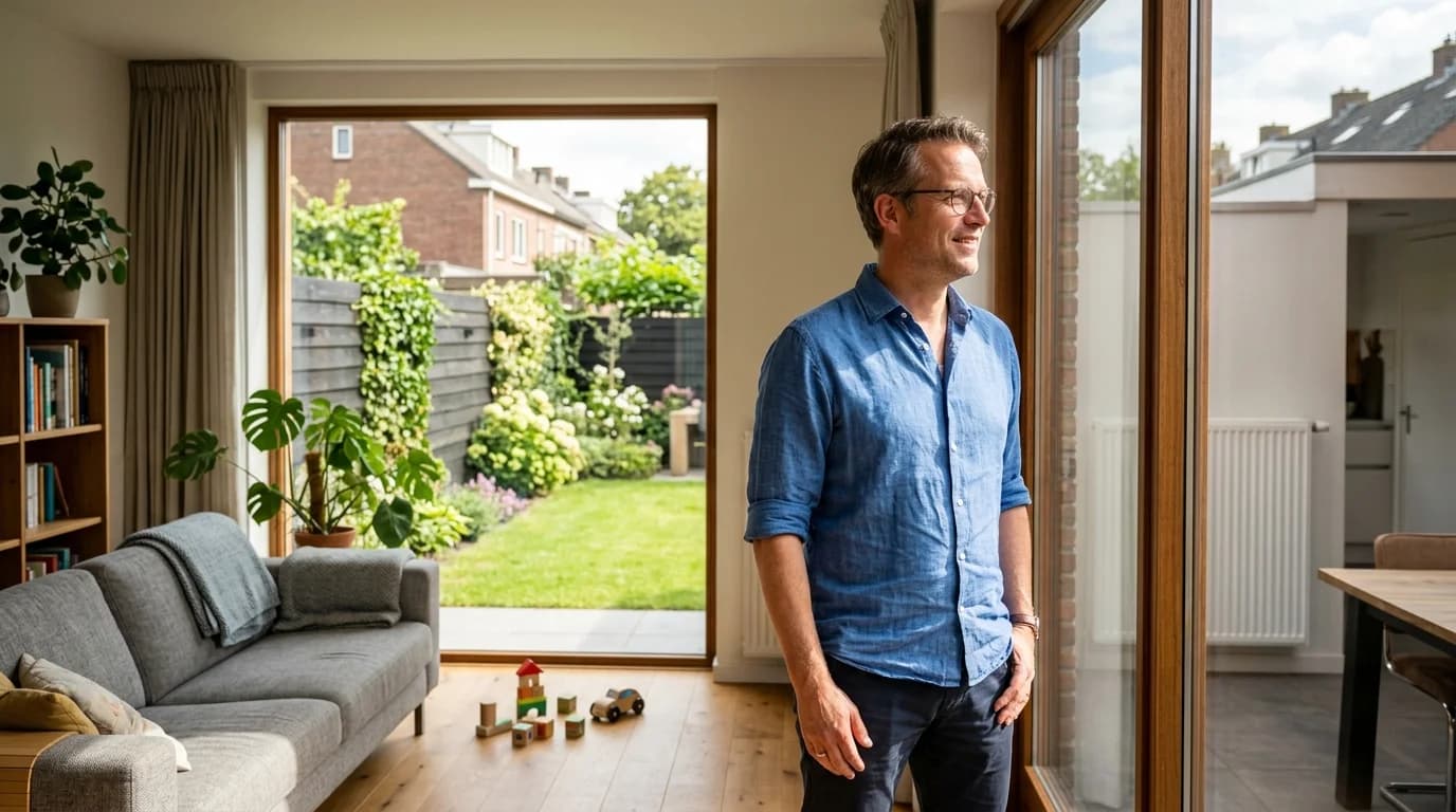 Huiseigenaar bekijkt Quatt EnergyOS energiebesparing op smartphone in woonkamer