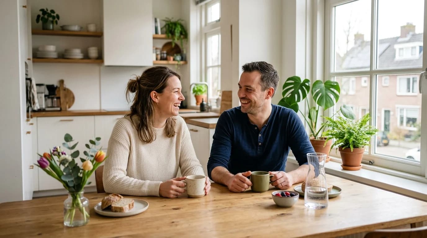 Huiseigenaar bekijkt Quatt thuisbatterij prijsberekening op tablet aan keukentafel