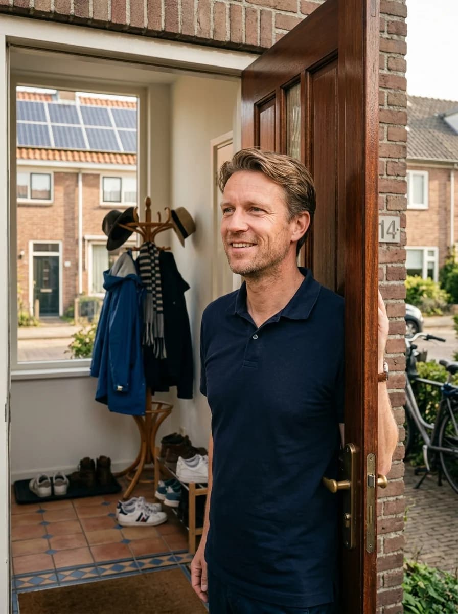 Huiseigenaar bekijkt Sessy energiebesparing op smartphone in woonkamer