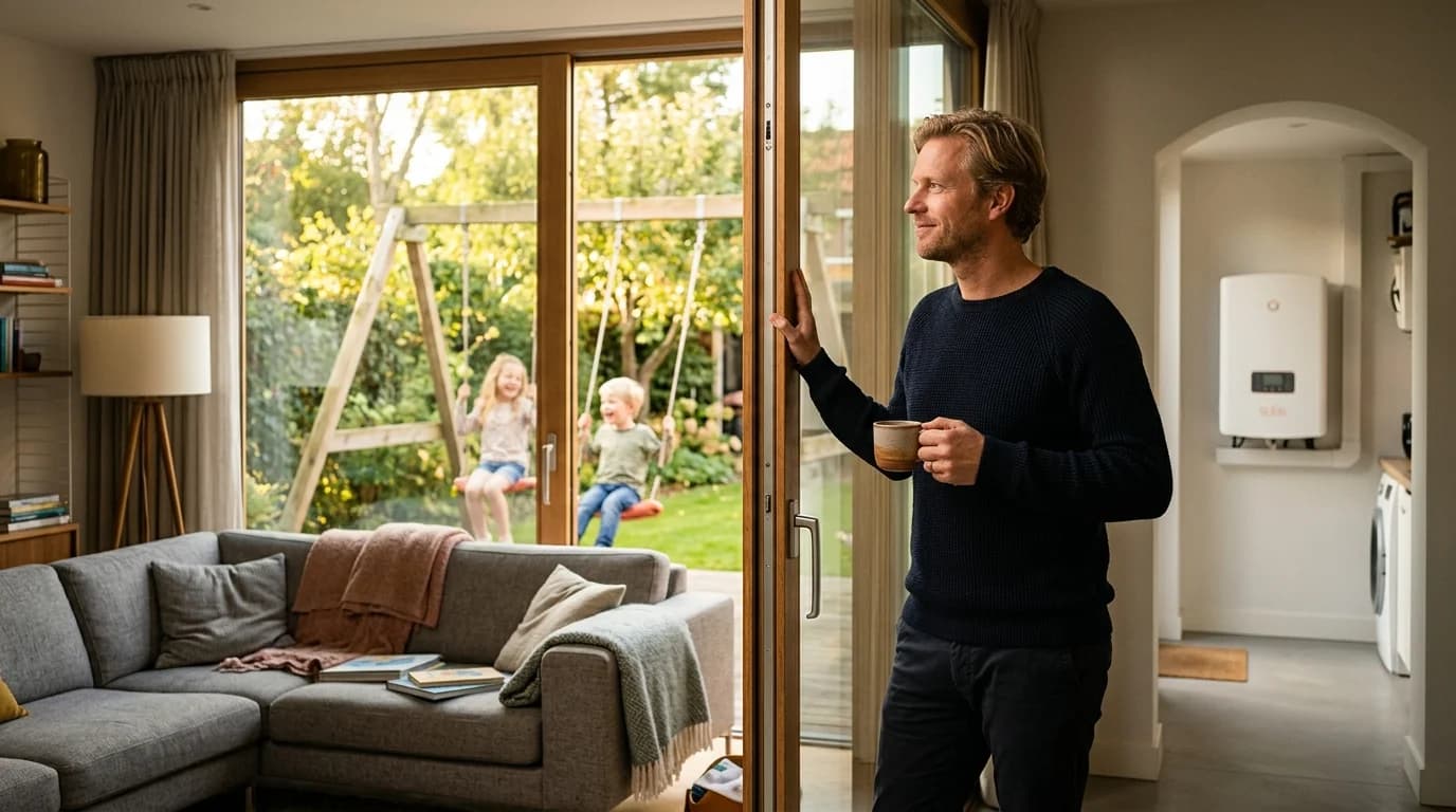 Huiseigenaar bekijkt mySigen energiedashboard op tablet in woonkamer
