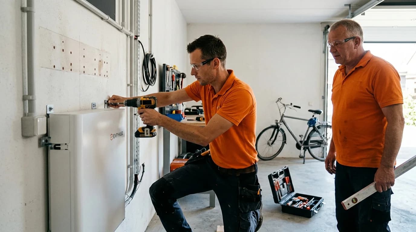 Installateur monteert Sigenergy SigenStor systeem aan garagemuur in Nederlandse woning