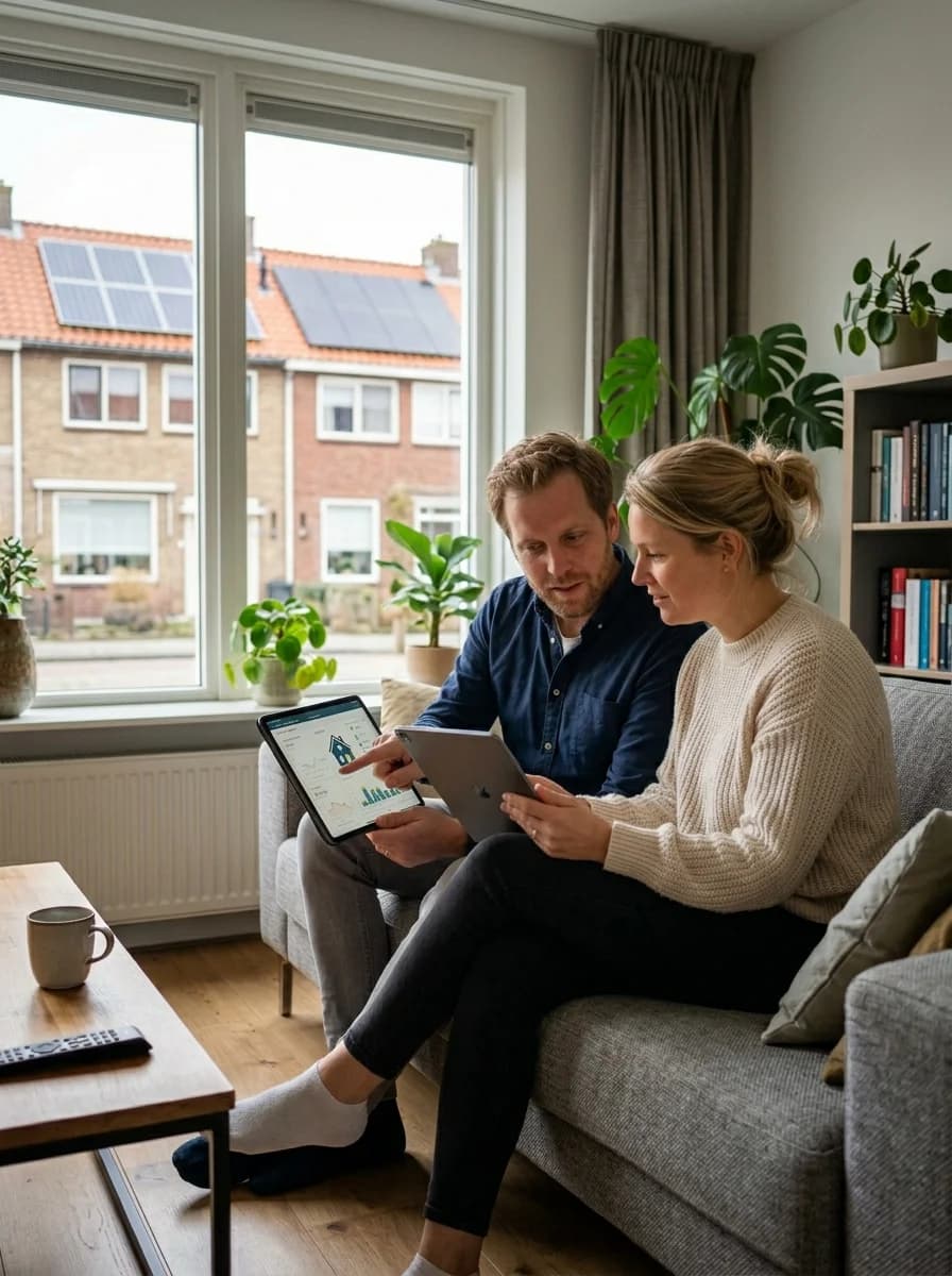 Huiseigenaar bekijkt mySolarEdge energiebeheer op tablet in woonkamer met zonnepanelen zichtbaar