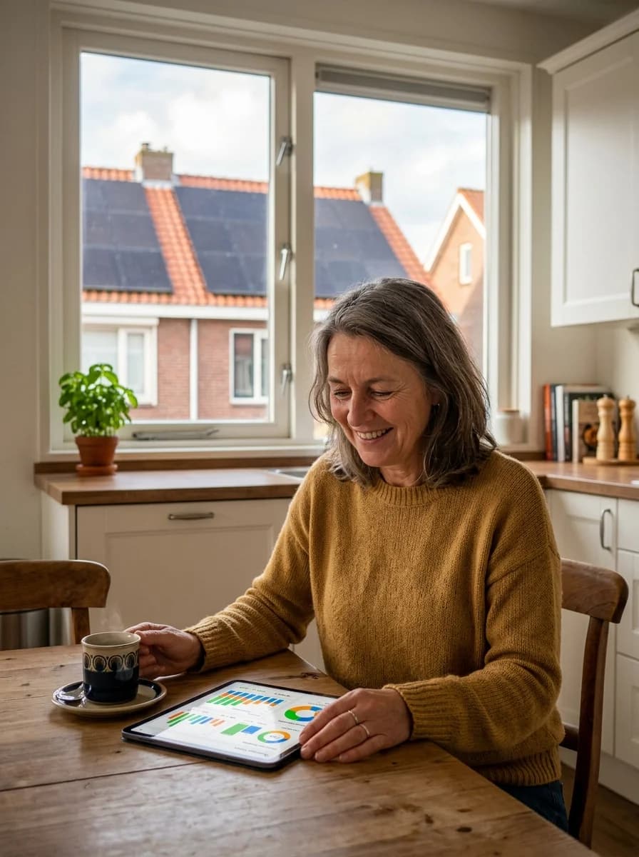 Huiseigenaar bekijkt SolarEdge energiebesparing en opbrengst op mySolarEdge-app