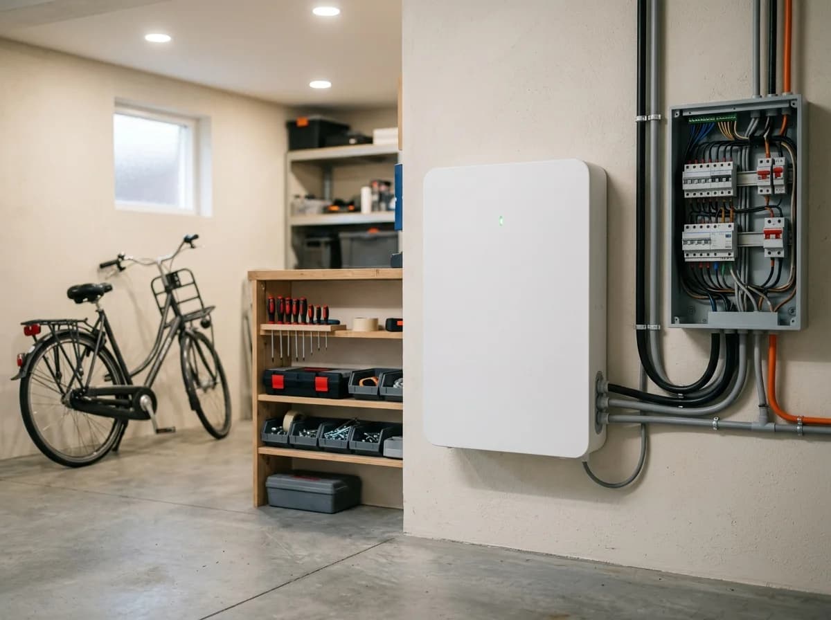 Tesla Powerwall 3 wandmontage in garage met zichtbare kabelaansluitingen