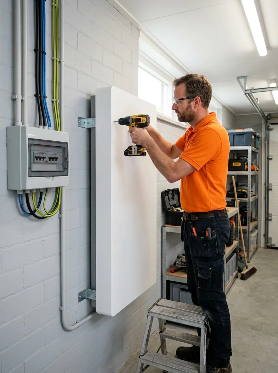 Installateur monteert Tesla Powerwall 3 aan garagemuur in Nederlandse woning