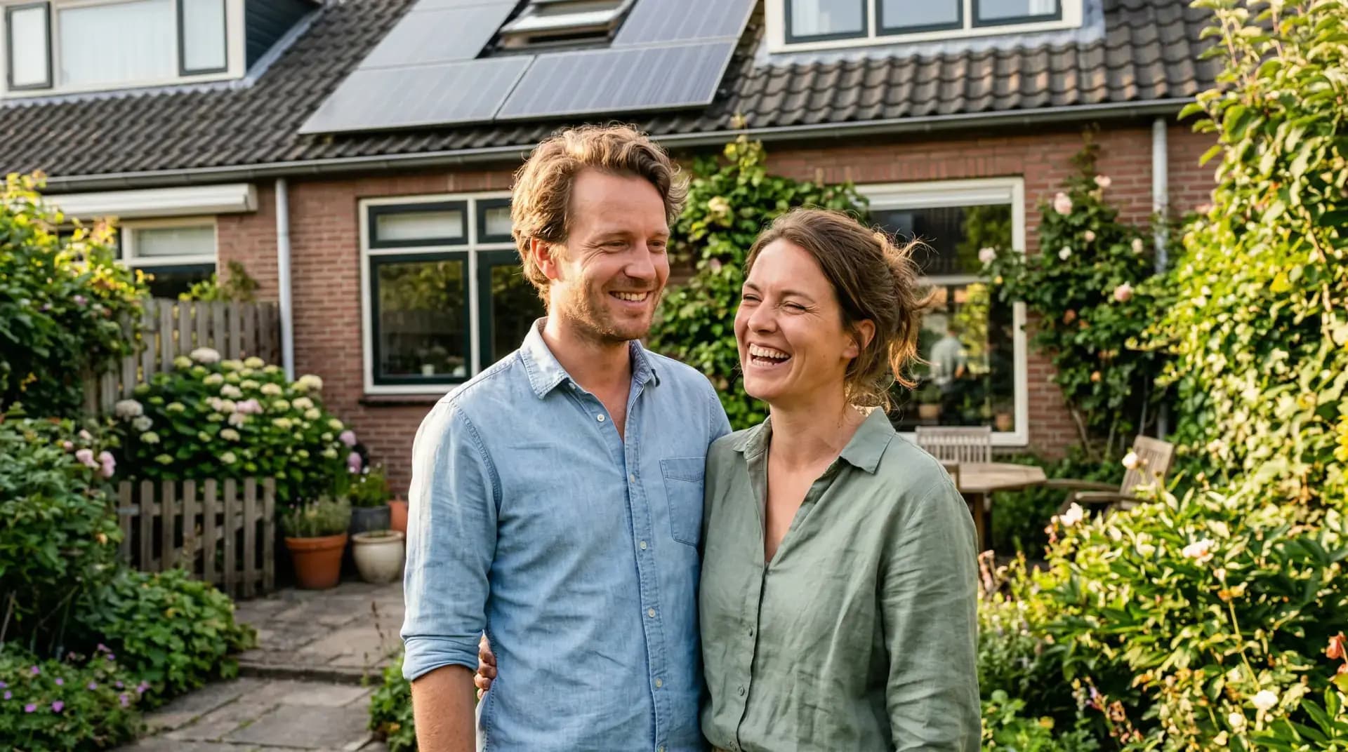 Blije huiseigenaar in tuin bij woning met zonnepanelen en thuisbatterij