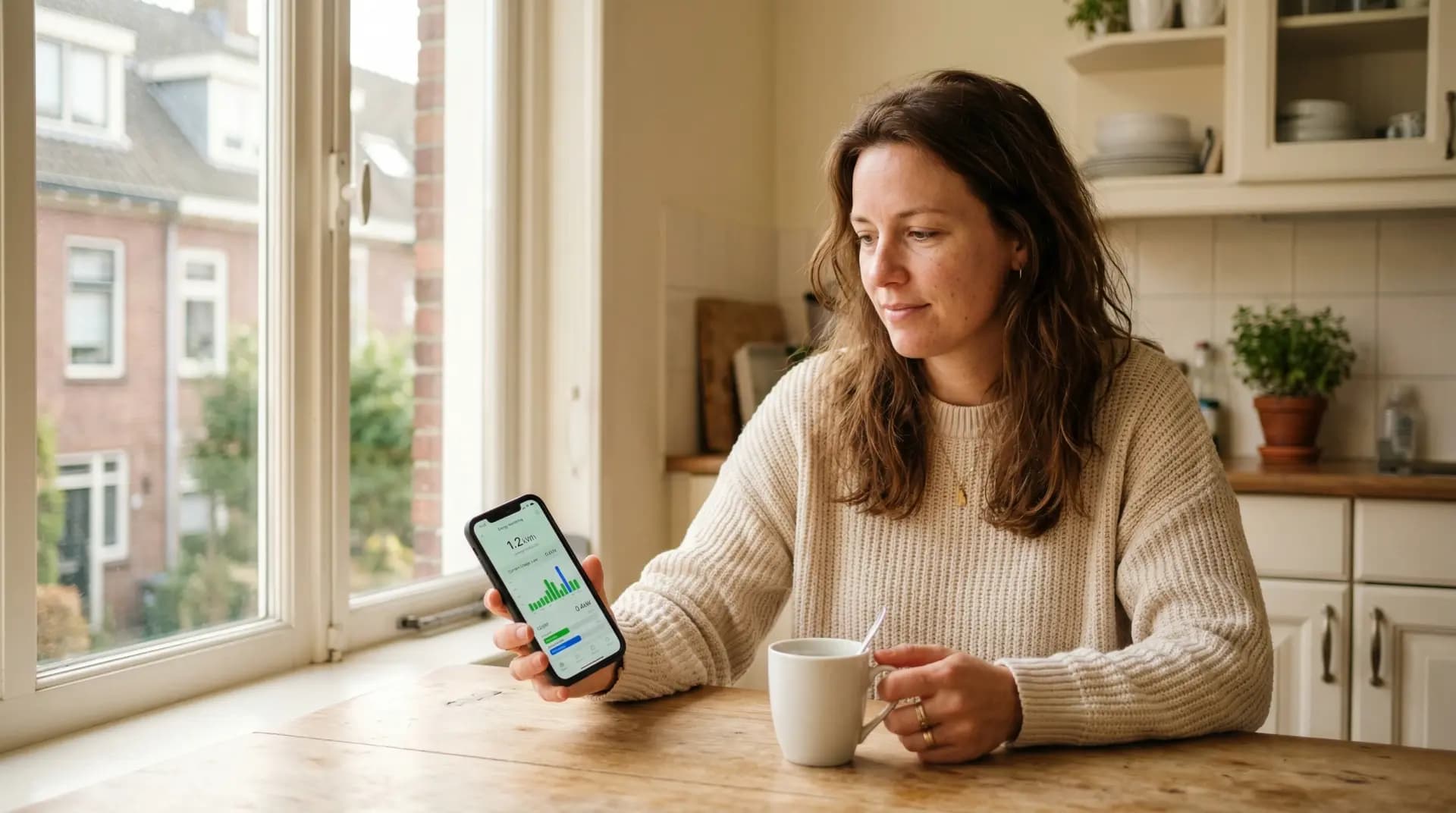 Huiseigenaar vergelijkt prijzen plug en play thuisbatterij aan keukentafel met laptop