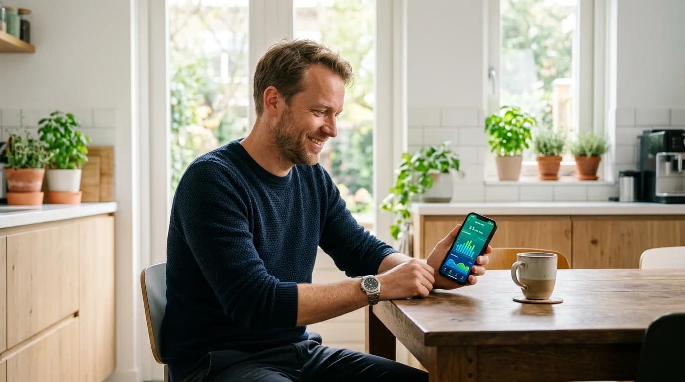 Huiseigenaar bekijkt energiebesparing thuisbatterij op smartphone in woonkamer