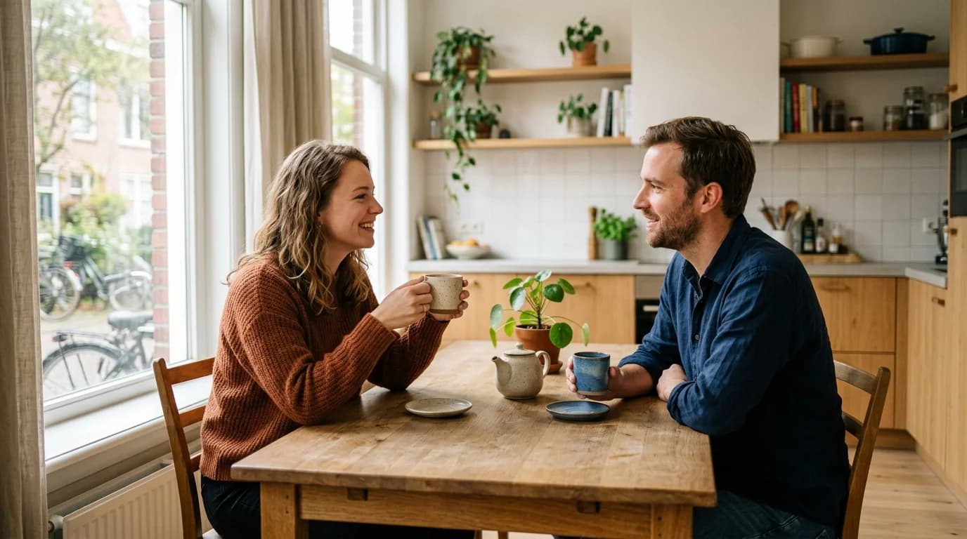 Jong stel aan keukentafel in gesprek over thuisbatterij met energieadviseur